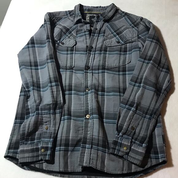 Prana Med lined grey plaid metal snap closure flannel organic cotton broken in - Picture 1 of 12